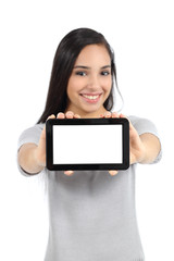 Pretty woman showing a blank horizontal tablet screen isolated