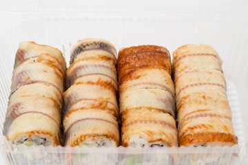 Canada sushi roll on plastic box
