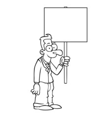 Black and white happy business man holding empty protest sign.