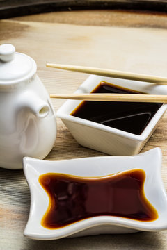 Soy sauce and bottle with chopsticks