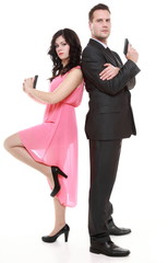 man detective secret agent criminal and woman with gun