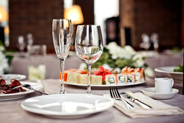 Empty glasses set in restaurant
