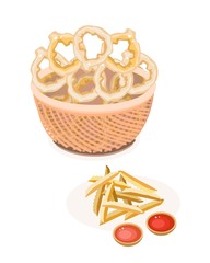 Fototapeta premium Pile of French Fries and Onion Ring in A Brown Basket
