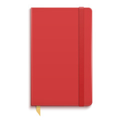 Red copybook with elastic band.