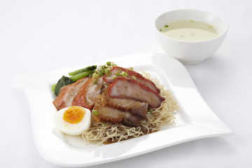 Chinese style roasted duck and pork with egg noodle