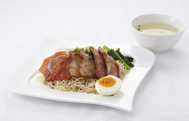 Chinese style roasted duck and pork with egg noodle