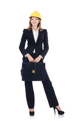 Young businesswoman with hard hat on white