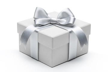 Gift box with silver ribbon bow