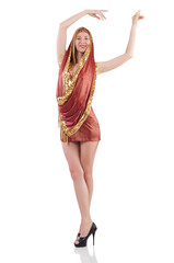 Girl dancing belly dance on white