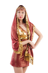 Girl dancing belly dance on white