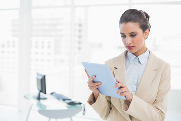 Stern smart brown haired businesswoman looking at a tablet pc