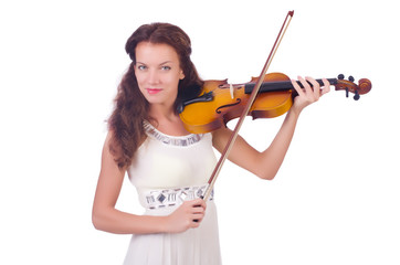 Young girl with violin on white