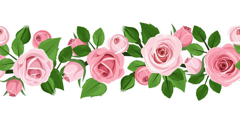 Horizontal seamless background with pink roses. Vector.