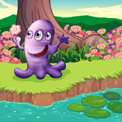 A three-eyed violet monster at the riverbank