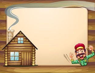 An empty wooden frame with a lumberjack shouting and a house