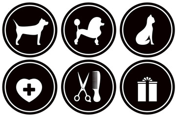 set isolated black icons for pet services