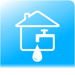 tap spigot with drop and house on light blue water background