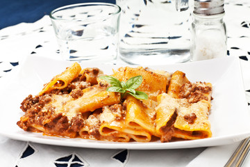 pasta with bechamel and meat sauce and tomatoes