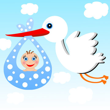 a stork carries a baby on a background blue sky