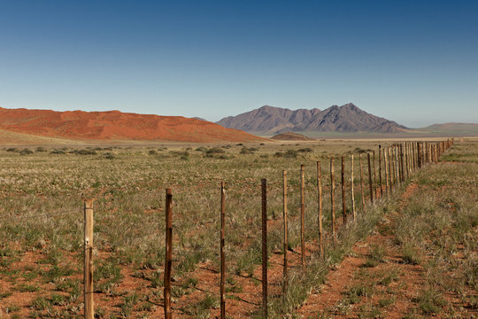 endloser Zaun durch Wuestenlandschaft der Namib, Namibia,Africa
