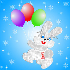 fluffy hare with  balloons on a blue background