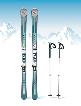 Ski and sticks on the mountains background - vector
