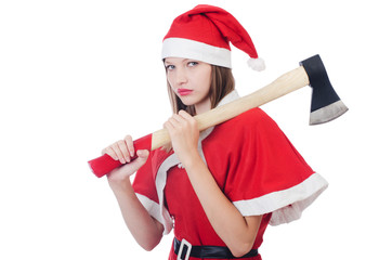 Young woman in red santa costume on white