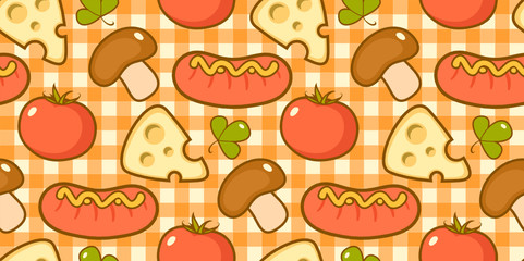Pattern with sausages, mushrooms, cheese and tomatoes.