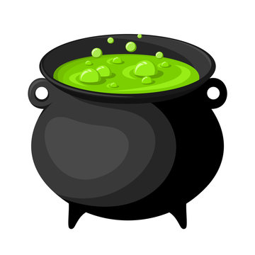 Black witches cauldron with potion. Vector illustration.