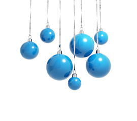 Blue Christmas balls hanging isolated on white