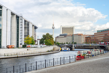 Berlin, Germany - German Chancellery, Tv tower and river Spree