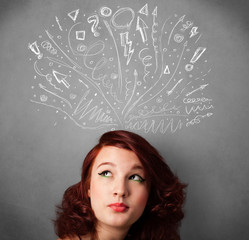Young woman thinking with sketched arrows above her head