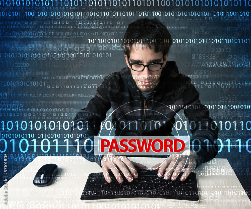 Poster young geek hacker stealing password