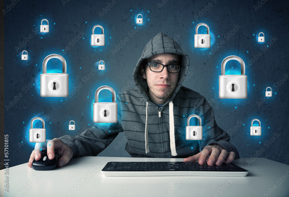 Poster young hacker with virtual lock symbols and icons