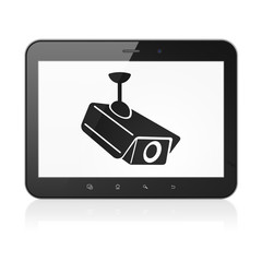 Privacy concept: Cctv Camera on tablet pc computer
