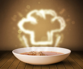 Bowl of soup with chef cook hat steam illustration