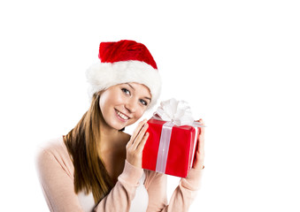 Beautiful christmas woman with gift