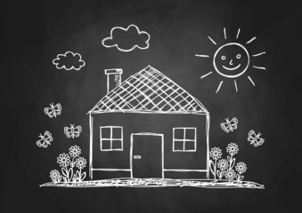 Drawing of house on blackboard