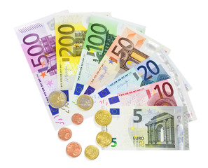 Obraz na płótnie Canvas banknotów i monet euro - samodzielnie