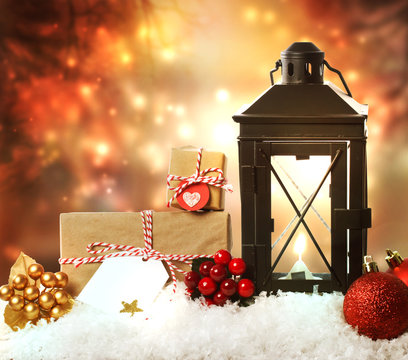Christmas lantern with ornaments and presents - Powered by Adobe
