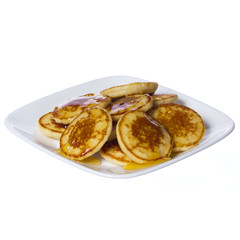Pancakes with honey on square plate isolated. Delicious Dessert