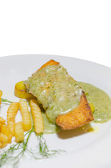salmon steak on white