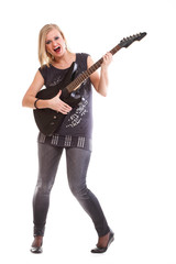 Woman with black guitar looking isolated