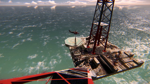Helicopter taking off from an oil platform