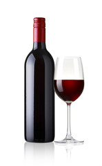 a Glass and a bottle of red wine isolated on white background