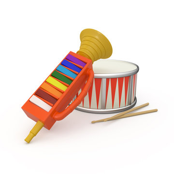 Isolated fife, drum and two drumstick 3D