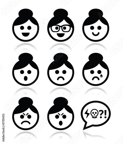 Download "Grandma face, woman with bun hair vector icons set" Stock ...