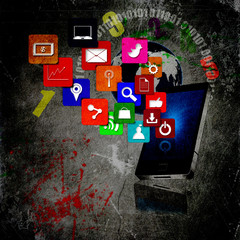 Mobile phone with colorful application on grunge background