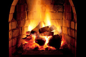 fire in  fireplace