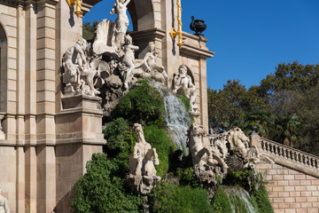 Barcelona ciudadela park lake fountain with golden quadriga of A